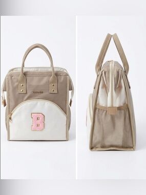Lokass Lunch Box Insulated Bag | Beige & Cream | Monogram “B” | Top Handle